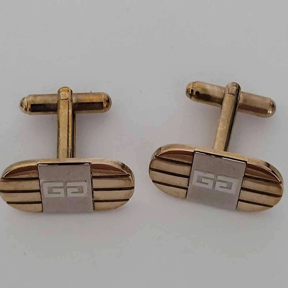 Givenchy‎ Vintage Two Tone Gold Silver Ribbed Oval Cufflinks Mens Accessory